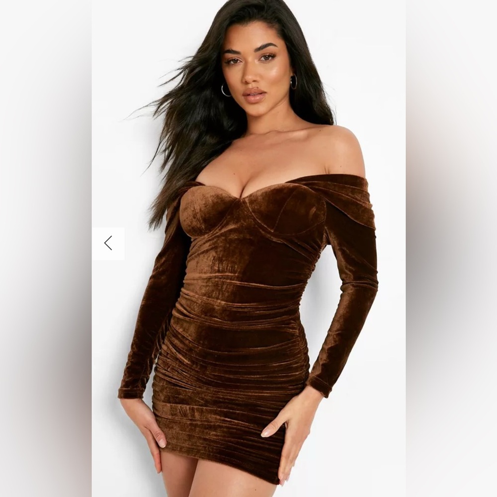 Boohoo Velvet Bardot Cup Detail Mini Dress